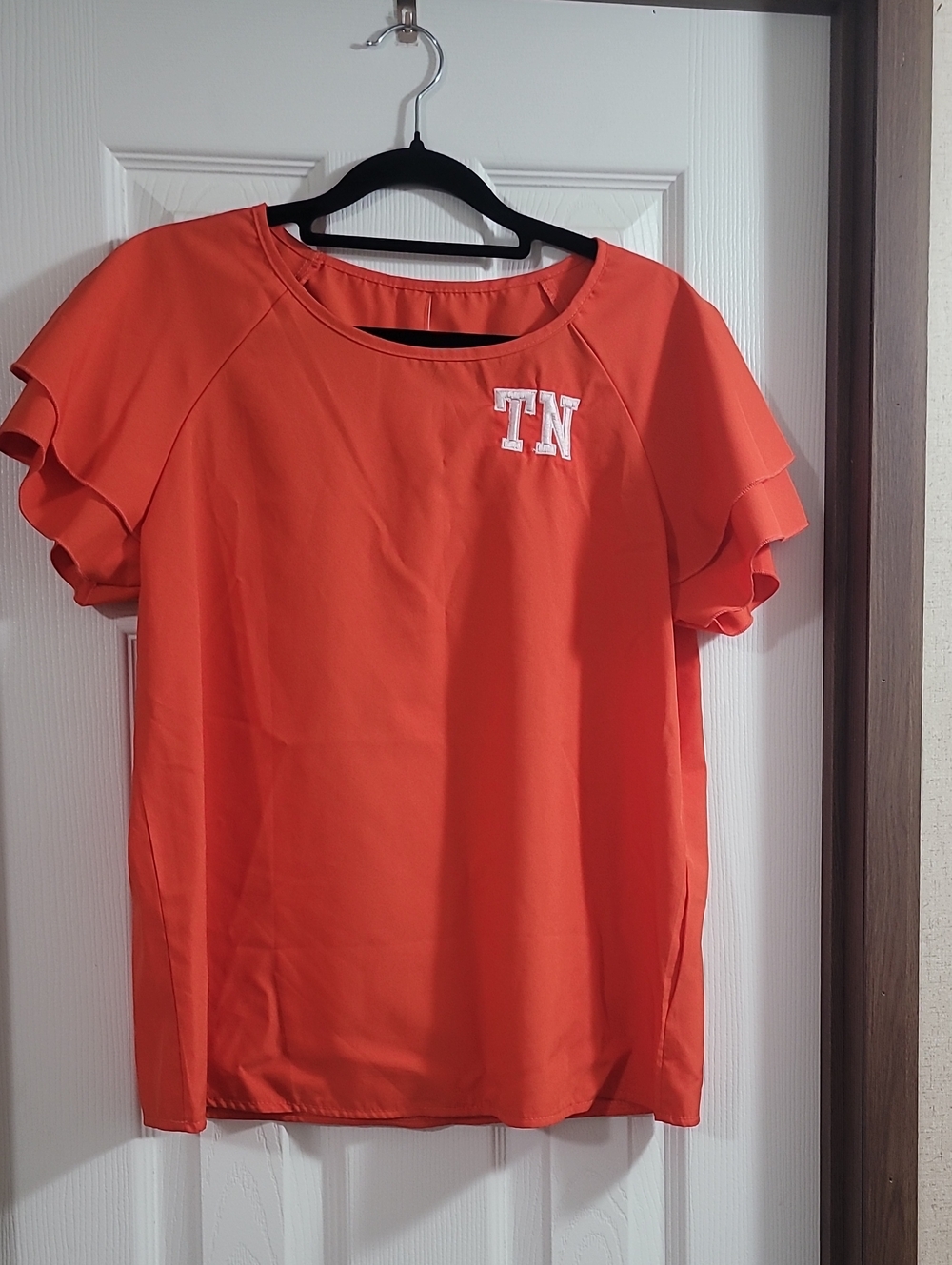 Elby DESIGNS Women's Orange Short Sleeve Ruffle Top With Embroidered TN